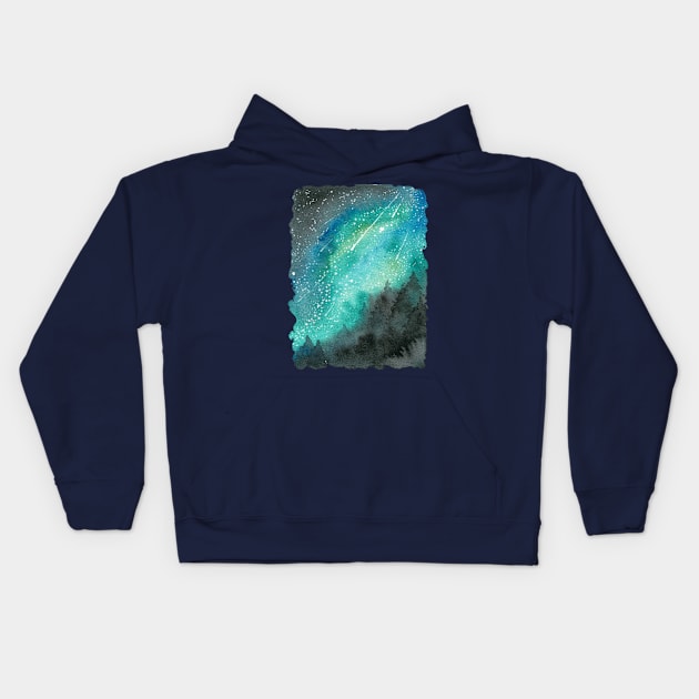 Milky Way Over Forest Watercolor Landscape Kids Hoodie by Danica Templeton Art